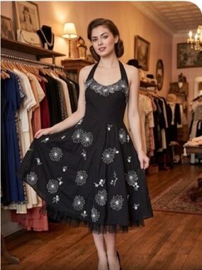 Odille Anthropologie Black Floral Embroidered Halter Dress - Size 4